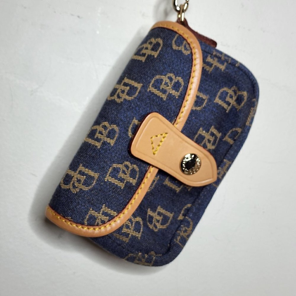 Vintage Dooney and Bourke Denim Wristlet All Over Logo Americana Nautical Preppy